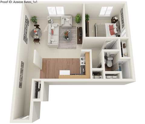 Floor plan for 1 bed, 1 bath, 715 sqft